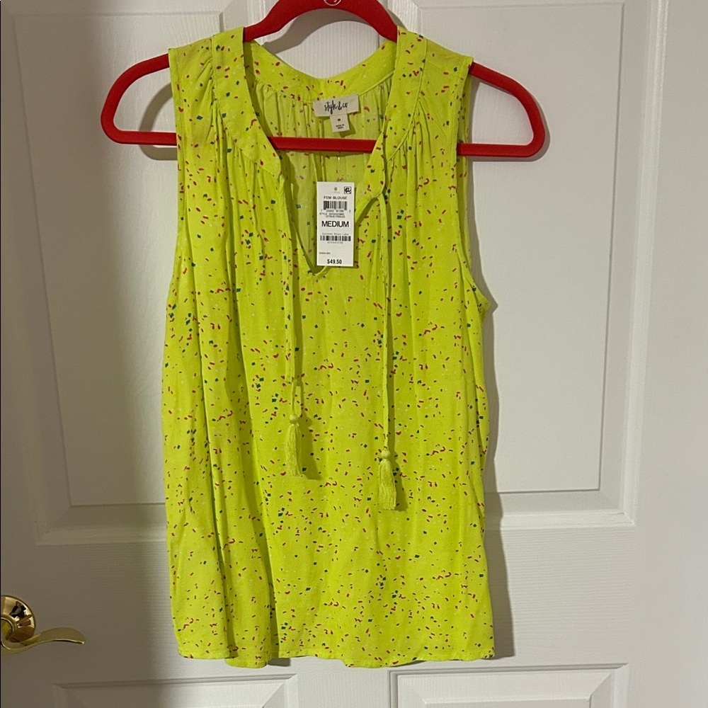 Style&Co Lime Green Sleeveless Blouse with Tassels